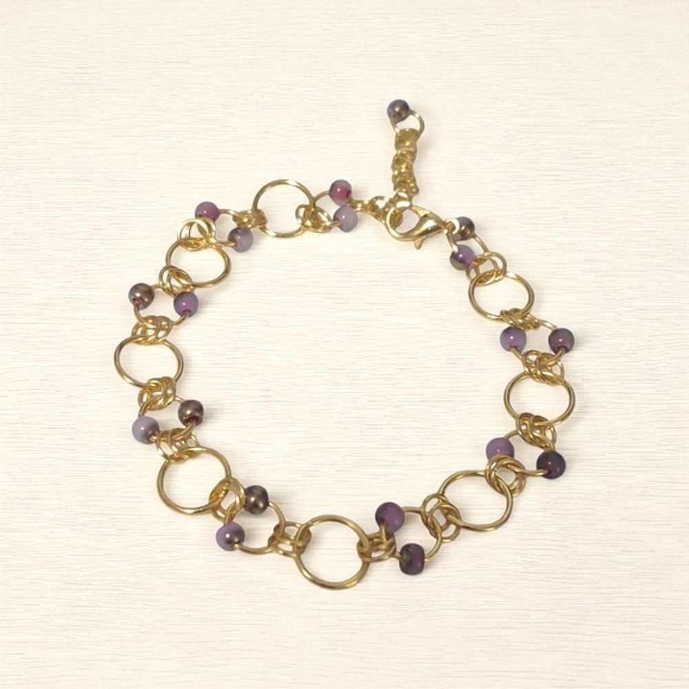 Handmade Gold Tone Chain and Purple Glass Bead Bracelet